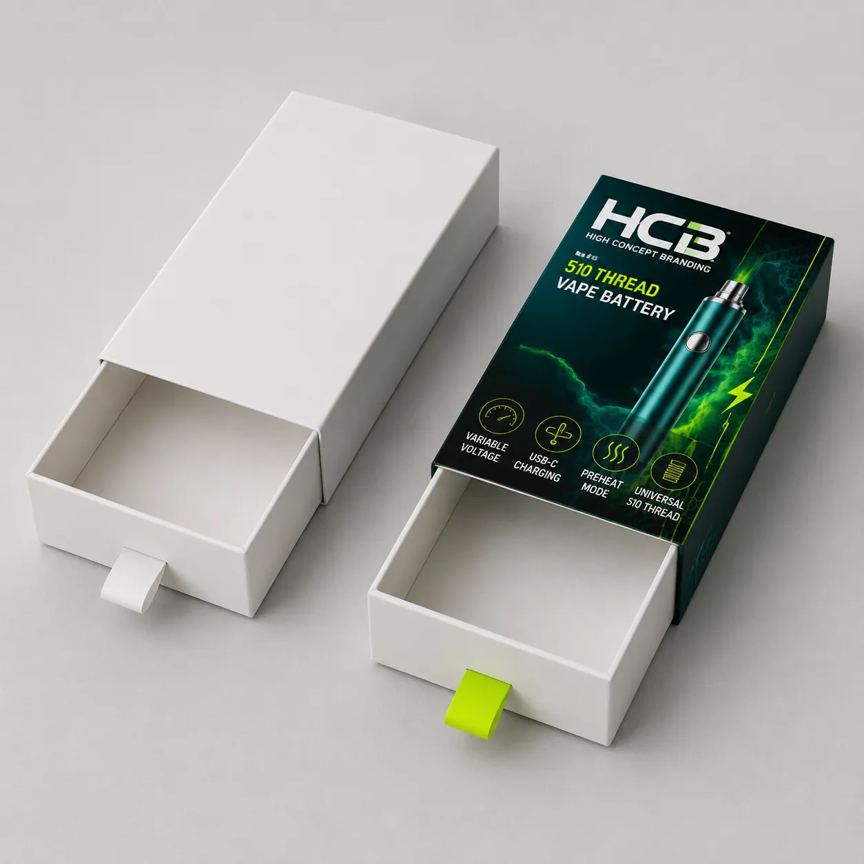 Custom rigid slider drawer boxes for vape batteries featuring a green ribbon pull and plain mockup. class=